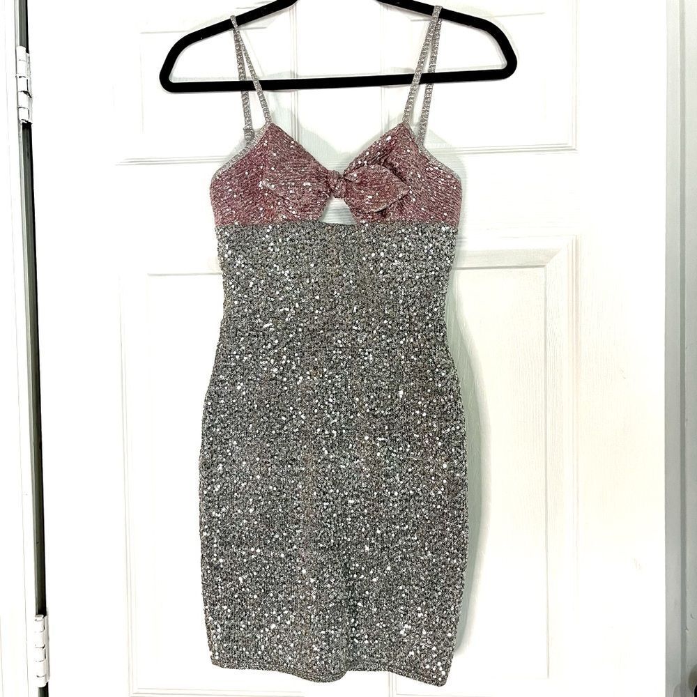 Dress Population Dress XS Xsmall Pink Silver Cut Out Mini Sequin Cocktail Party